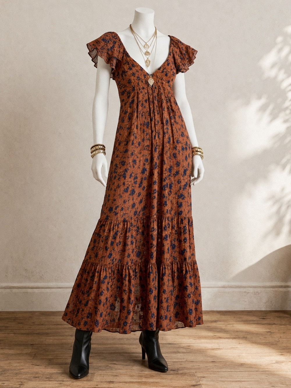 Jen's Pirate Booty Maxi Dress M Wildflower Echo Orange Blue Floral Boho Festival
